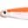 A fishing lure with orange and white skirt and a large eye.