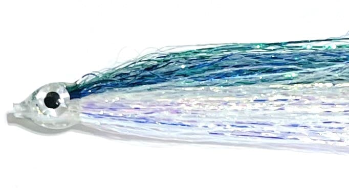 Close-up of the Amazon Beetle/Aqua/Opal fishing lure featuring a clear bulbous head and glossy, iridescent strands in blue, green, and white.
