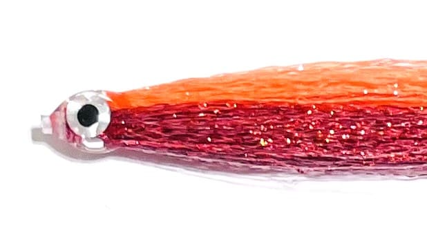 Close-up of the Campfire/Fl.Orange/Red fishing lure with a shiny eye and a vibrant orange to red gradient body, set against a white background.