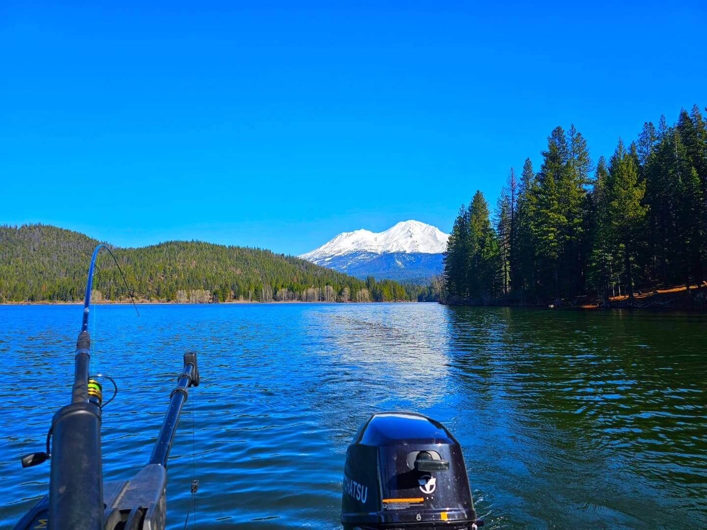 Boat ride on a serene lake with snowy mountains and pine trees.